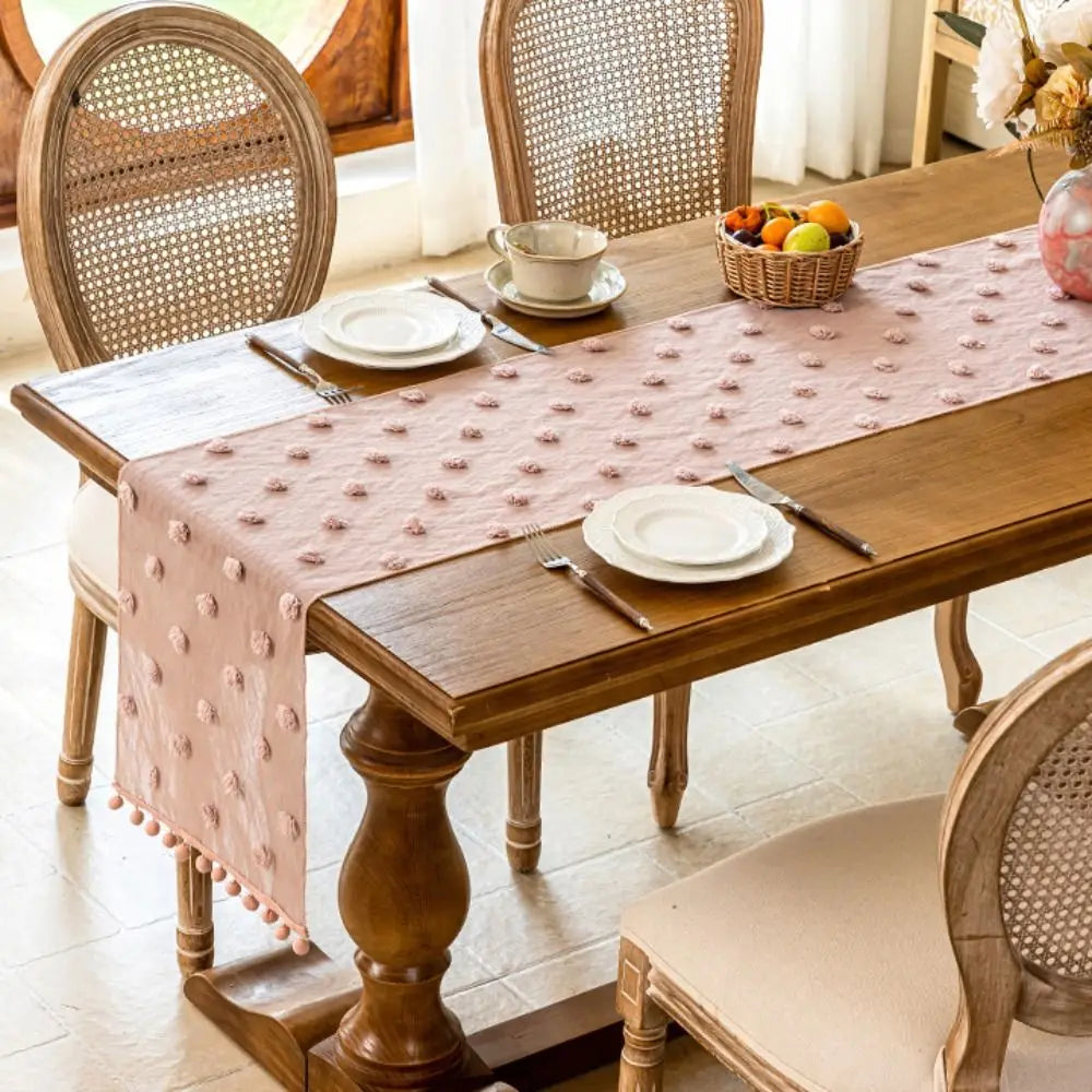 INS Style Nordic Style Lace Table Runner Gauze Rectangular Table Linen French-style with 3D Pom-poms Bookcase Cover Party Vue