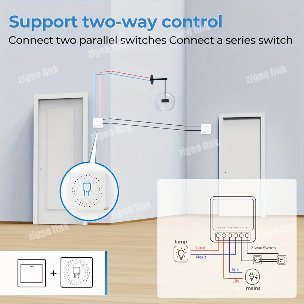 Mini Zigbee DIY Smart Switch Breaker Two Way Remote Timing Relay Smart Home Automation Module Voice Control Via Alexa Google Vue