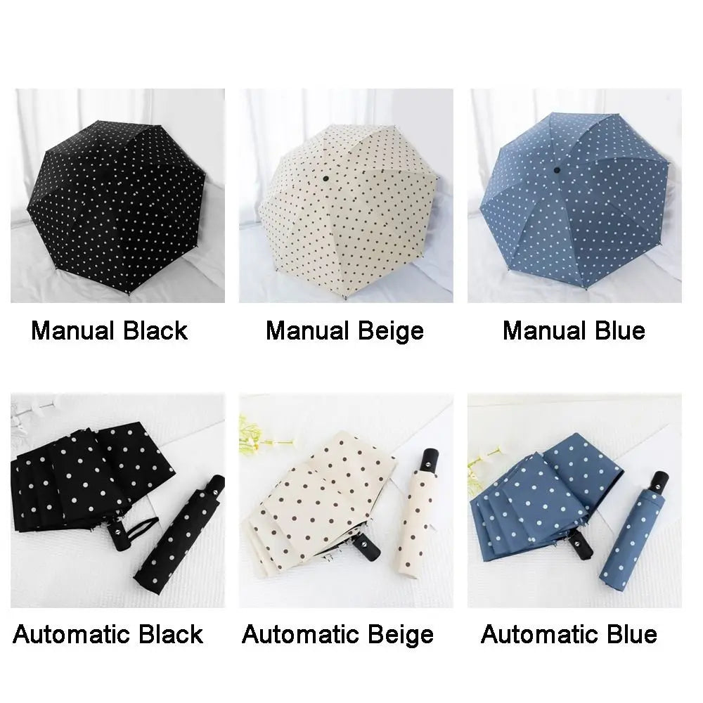 Automatic/Manual Polka Dot Umbrella Black Coated UV Protection Dual Use Umbrella Lightweight Folding Rain Umbrella Summer Vue