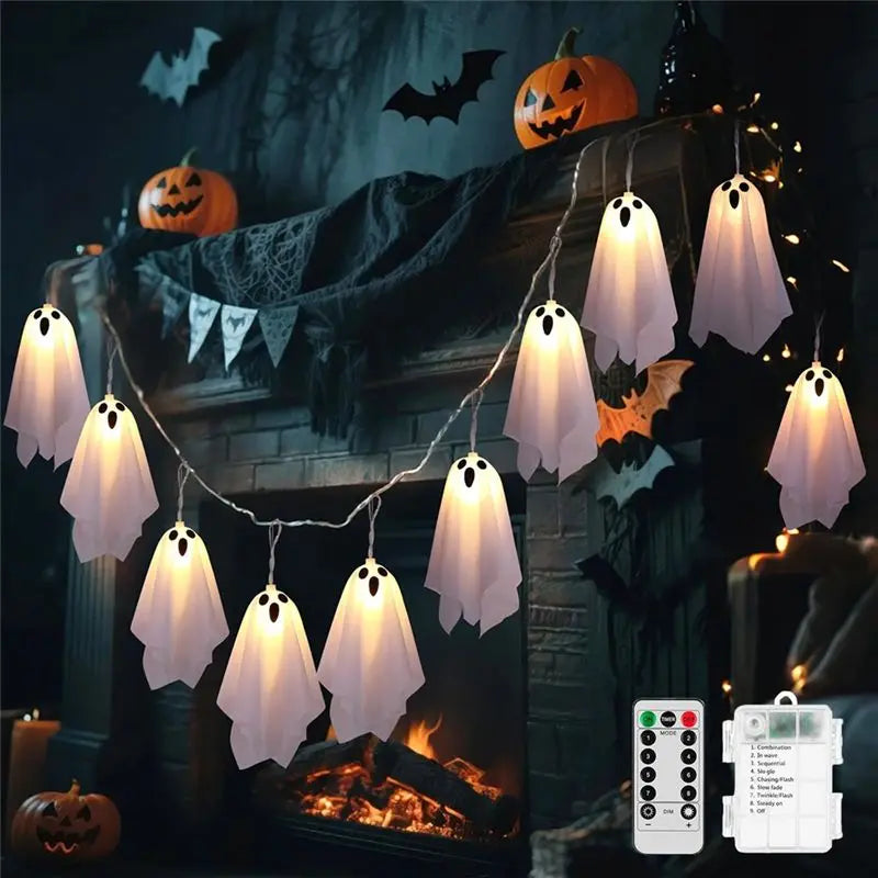 ABKW-Halloween Lights Indoor Halloween For Party, Haunted House, Fireplace, Porch, Window Decor 8 Modes Light Up Ghost Garland Vue