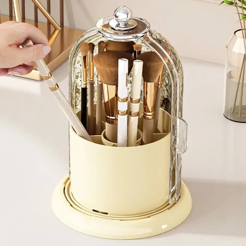 Makeup Brush Holder with Slide Lid 360 Rotating Clear Dustproof Skincare Cosmetic Tools Storage Organizer Box with Brush Slots Vue