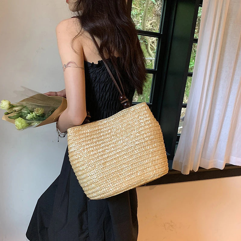 Niche Forest Bucket Bag Wooden Bead Magnetic Buckle Shoulder Retro