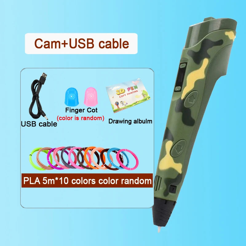 3D Pen Drawing Printing Pen With LCD Screen Compatible PLA Filament Toys Safe Paiting for Children DIY Christmas Birthday Gift Vue Cam-50M PLA