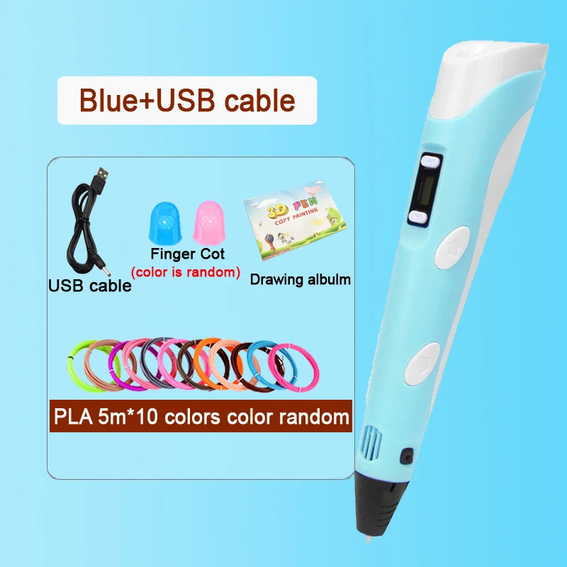3D Pen Drawing Printing Pen With LCD Screen Compatible PLA Filament Toys Safe Paiting for Children DIY Christmas Birthday Gift Vue Blue-50M PLA