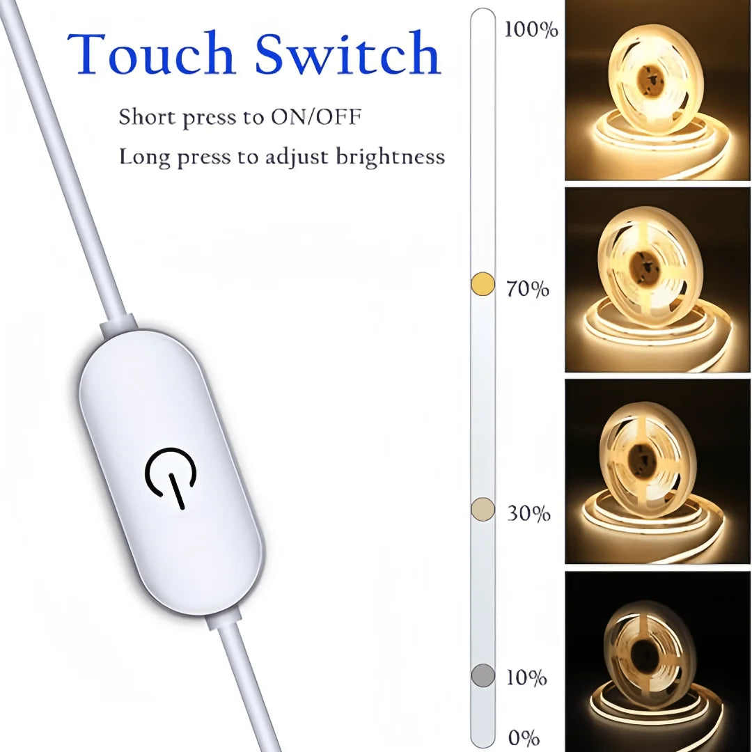 LED COB Light Strip Touch Dimmer Flexible Diode Tape 5V USB Linear Indoor Lighting Lamp Room DIY TV Mirror Backlight Wall Decor Vue