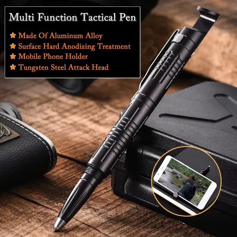 Multi-Function Aluminum Alloy Self Defense Tactical Pen Emergency Window Breaker Phone Holder Outdoor Survival EDC Tool Gift Vue