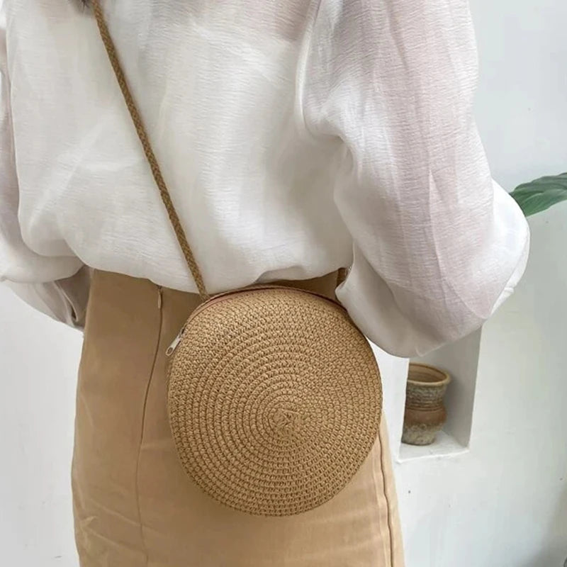 Round Straw Bag Women Woven Beach Crossbody Ladies Cute Shoulder