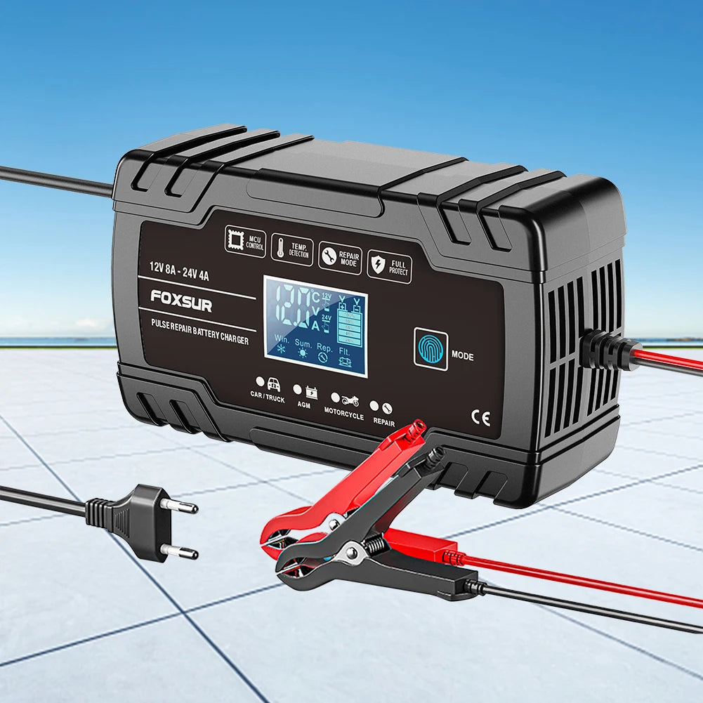 12V 24V 8A Smart Battery Charger | 3-Stage LCD AGM GEL Lead-Acid Smart Battery Charger Vue