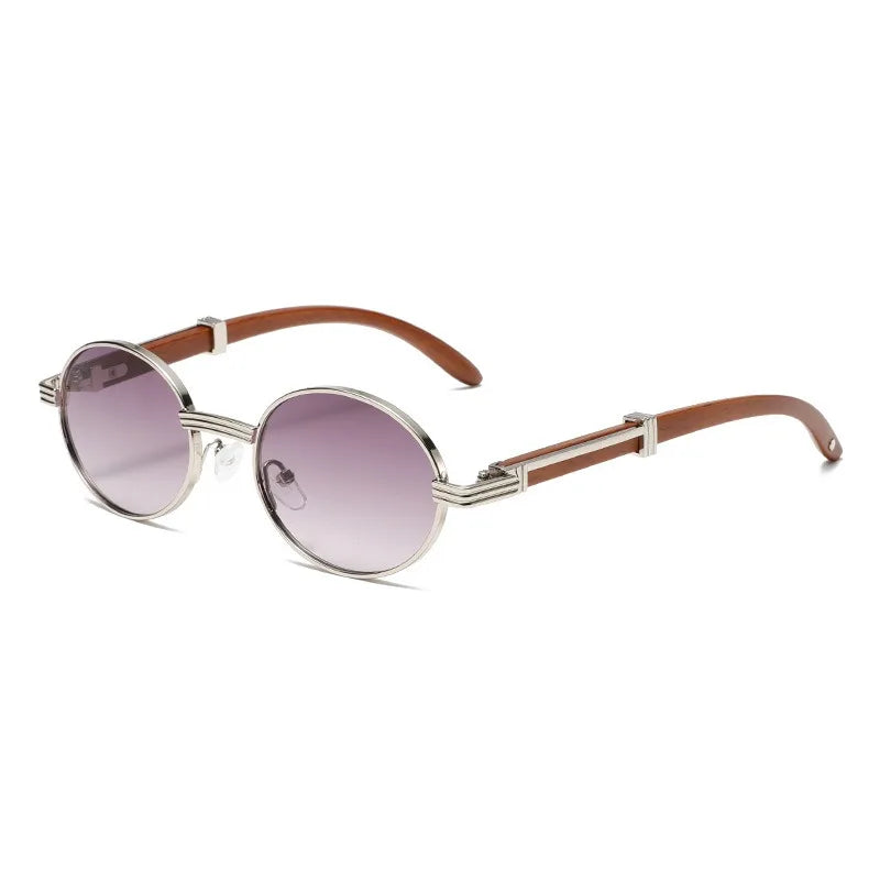 Retro Oval Metal Sunglasses | Wood Grain Legs & Gradient Lenses Fashion Sunglasses Vue purple