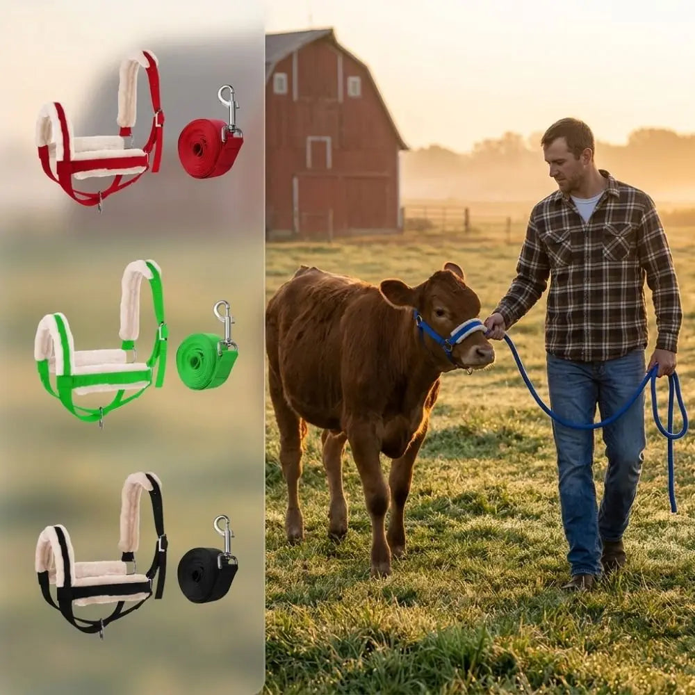 Plush Nylon Cow Halter Adjustable Fleece-lined Halter Lead Rope Set Durable Comfortable Animal Training Harness Daily Handling Vue