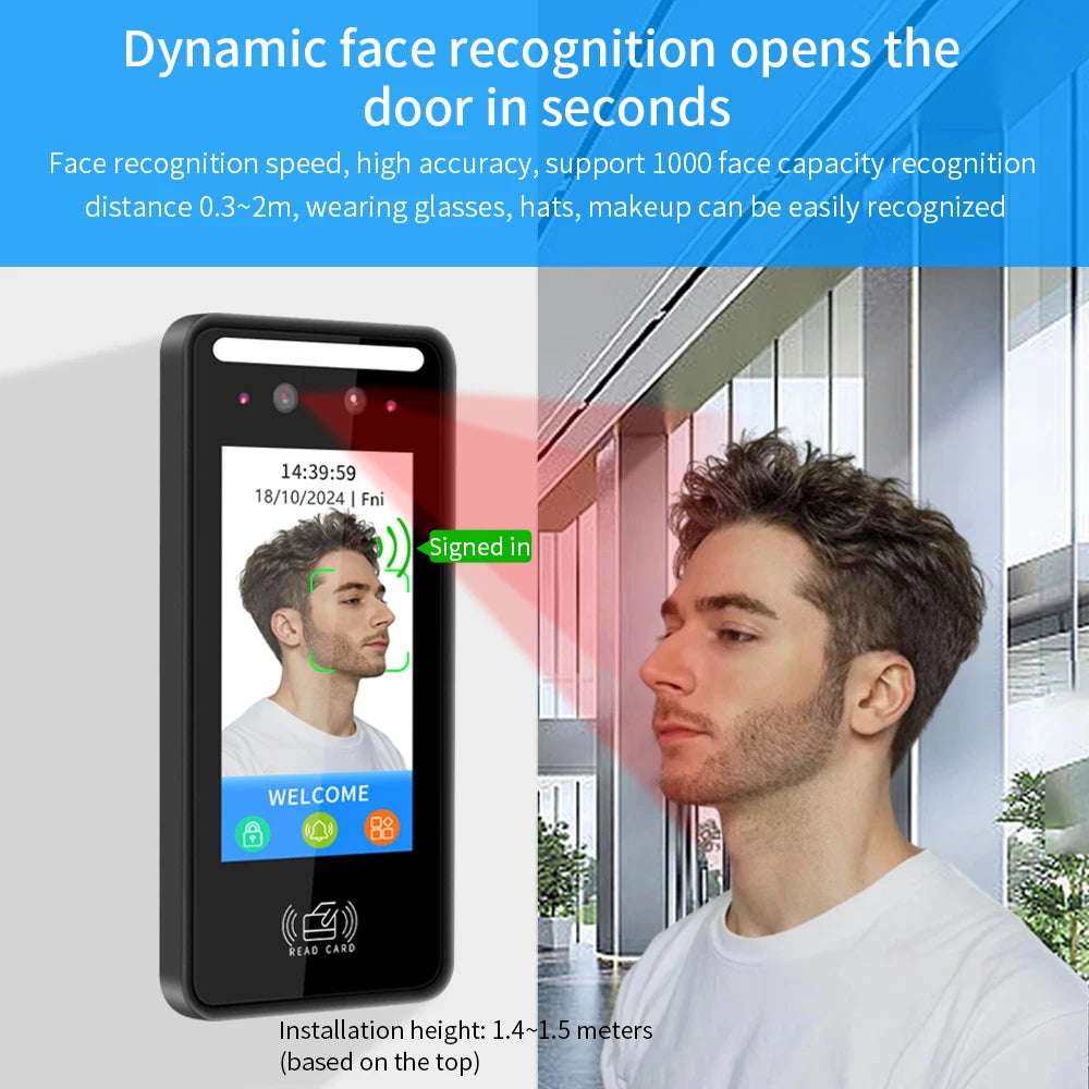 Wall Mount Dynamic Facial Recognition Attendance and Access Control Machine 1000 Face for Security Protection with Wiegand26 Vue