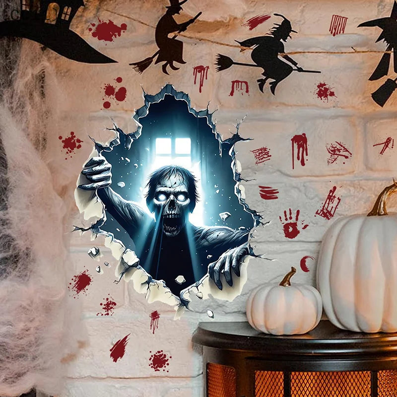 〔CC11〕Removable 3D Effect Halloween Wall-breaking Horror Zombies Climbing Window Wall Stickers Waterproof Oil-proof Stickers Vue