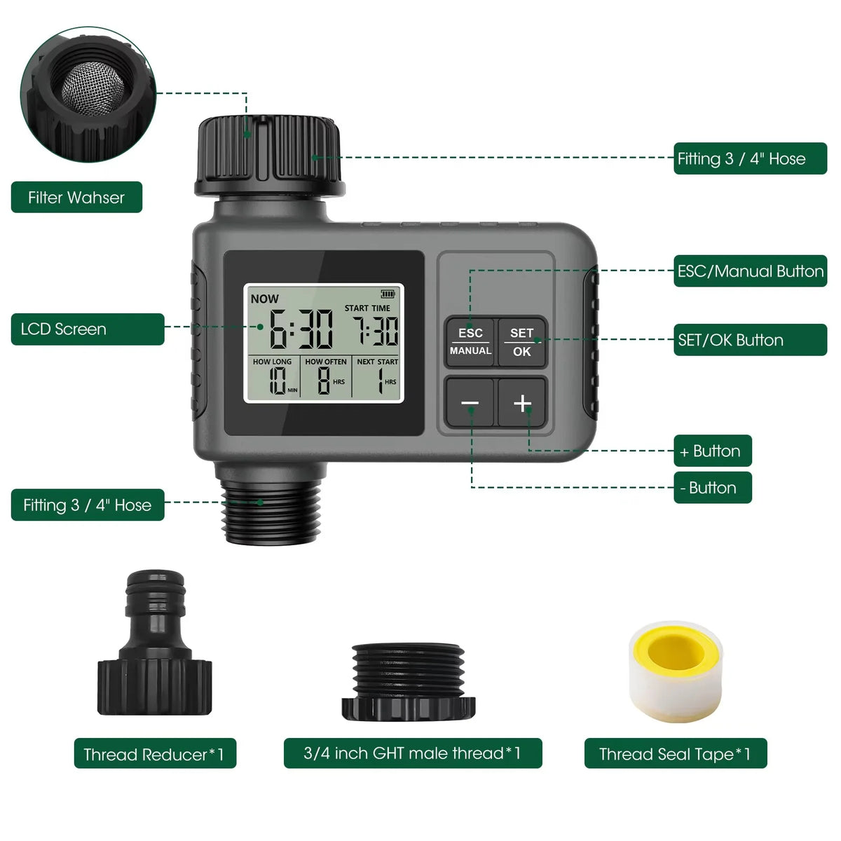Automatic Water Timer Intelligent Irrigation Watering System Sprinkler Timer Garden Programmer Equipment IPX7 LCD Display Vue