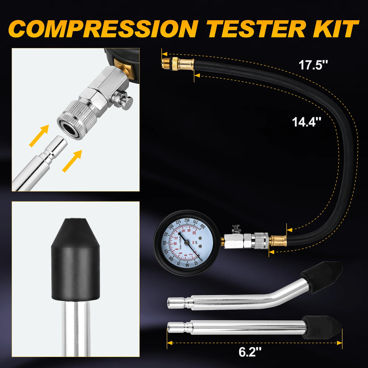 Nilight Compression Tester Kit, 8PCS Petrol Gas Engine Cylinder Pressure Gauge 0-300 PSI Automotive Tool for Cars Trucks Motorcycles Vue
