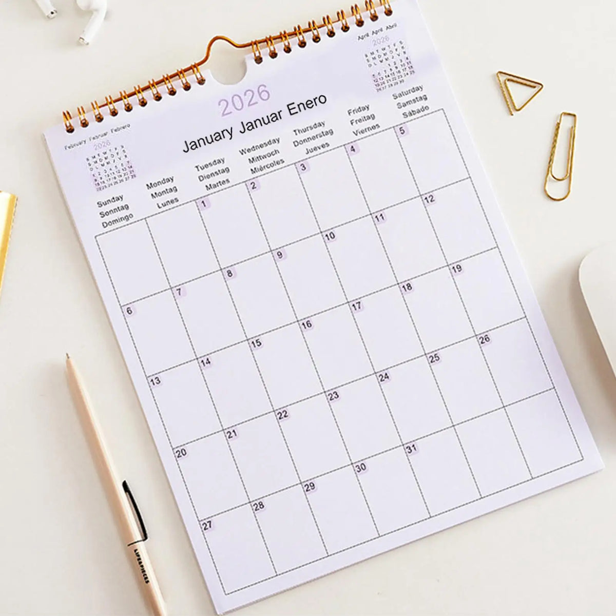 2026 Wall Calendar 12-Month Multilingual Coil Planner Modern Decorative Planner for Home, Office, School & Dorm Room Decor Vue