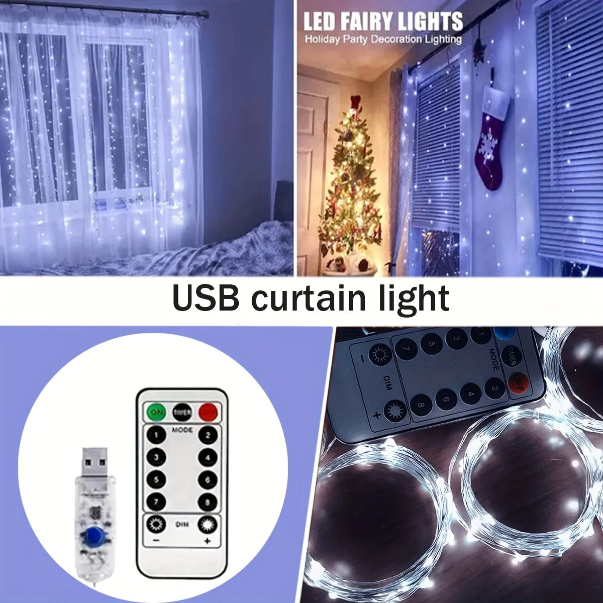 Remote-Controlled LED Curtain Lights USB Powered - 8 Lighting Modes Hanging Fairy String Light for Indoor Outdoor Decoration Vue