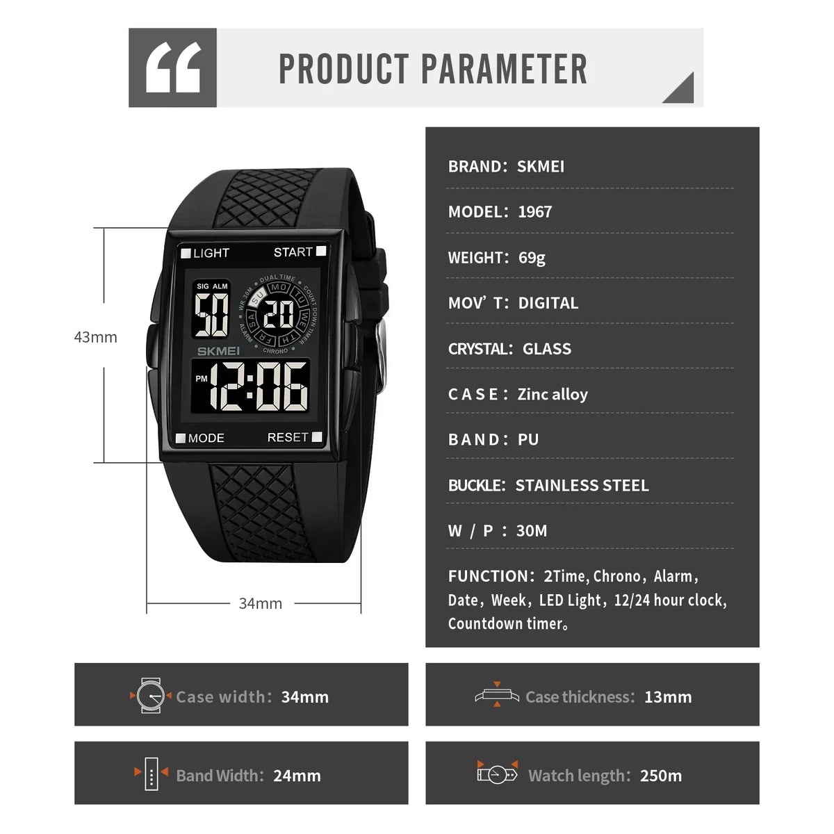 SKMEI 1967 Men's LED Digital Sport Watch – Chrono & Waterproof Digital Sport Watch Vue