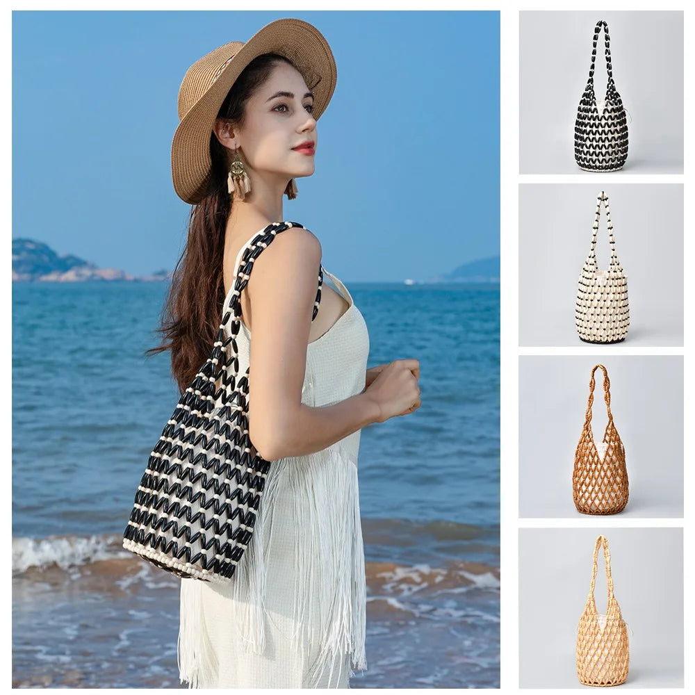 Elegant Bohemian Woven Hand Bag Female Style Exquisite Design Wooden Bead Tote Handmade Hollow-out Handbag Casual Use Vue