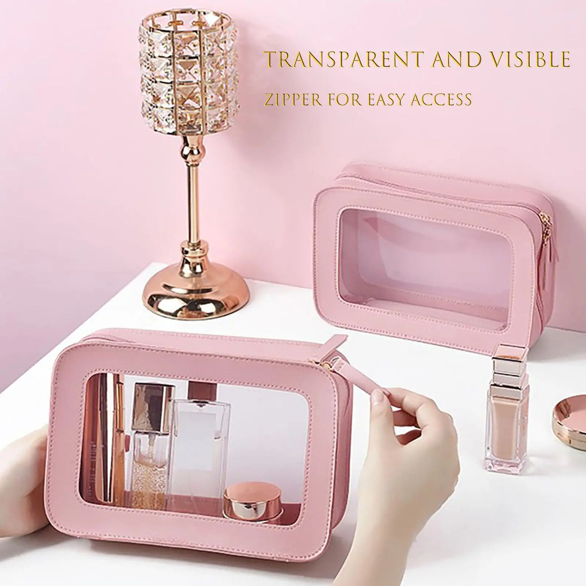 Clear and Waterproof Makeup Bag Portable Travel Cosmetic Case Organizer for Women Toiletry Pouch with Transparent Vinyl Windows Vue