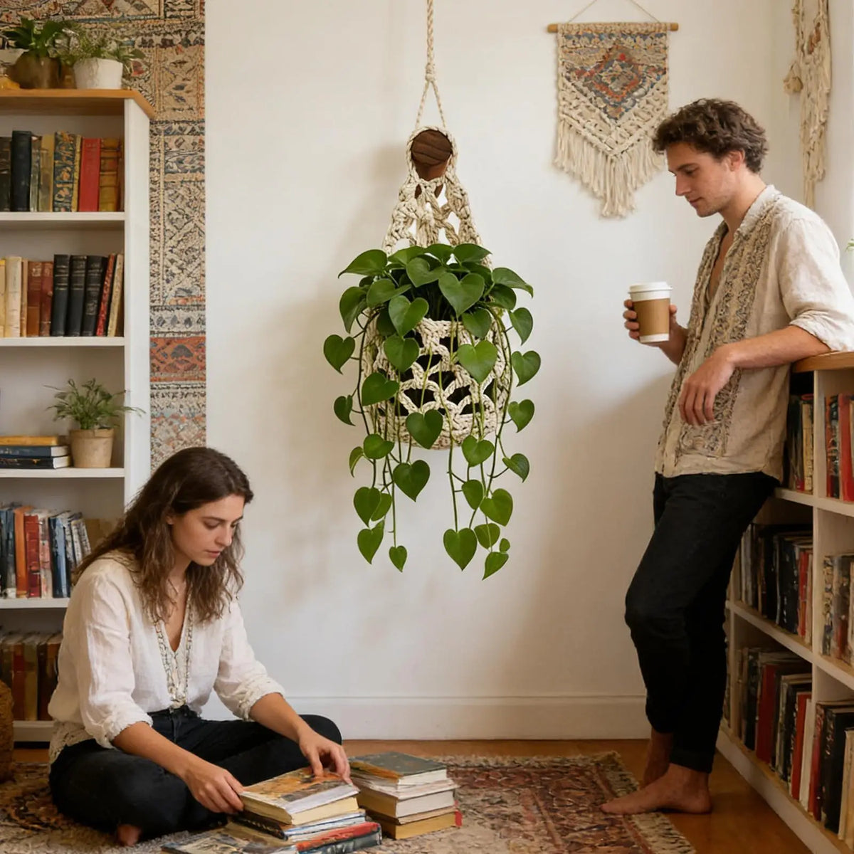 32x16cm Cotton Rope Indoor Plant Hanger, Macrame Planter Holder for Home Living Room Balcony Decor, Hanging Flower Pot Stand Vue