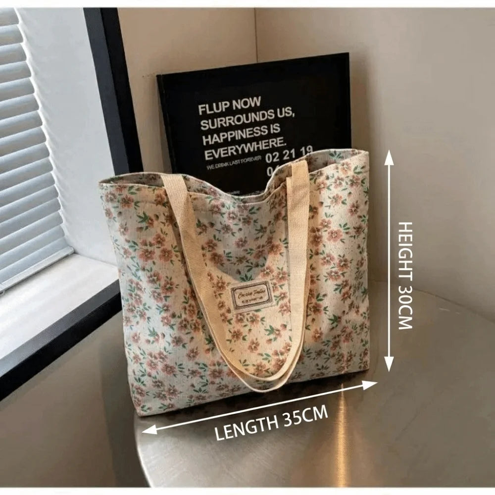 Portable Floral Canvas Tote Bag Reusable Large Capacity Commute