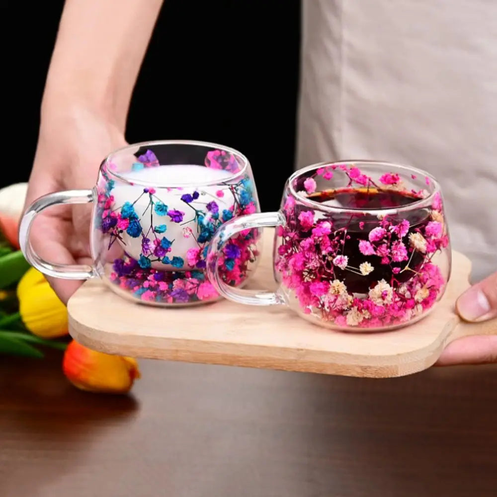 Coffee Tea Cup Dried Flower Glass Cup Double Insulated with Handle Double Wall Mug Heat Resistant 150ML Clear Glass Cup Vue