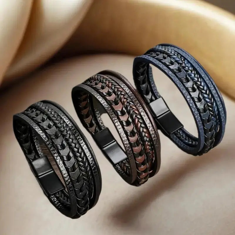 Trendy Men's Accessories Alloy Magnetic Buckle Multi Layer Retro Leather Rope Braided Bracelet Bracelet Fashion Dressing Vue