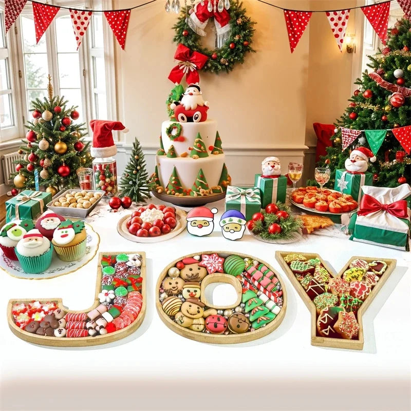 Bamboo Letter JOY Serving Tray Charcuterie Platter Cake Cookie Fruit Plate Rustic Holiday Centerpiece Table Decor For Christmas Vue
