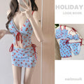 Pure Desire Pure Color Cherry Bikini Set V Neck Push Up Four Piece Set Wrap Skirt Print Pattern Sexy Swimwear Korean Style Vue Blue XL