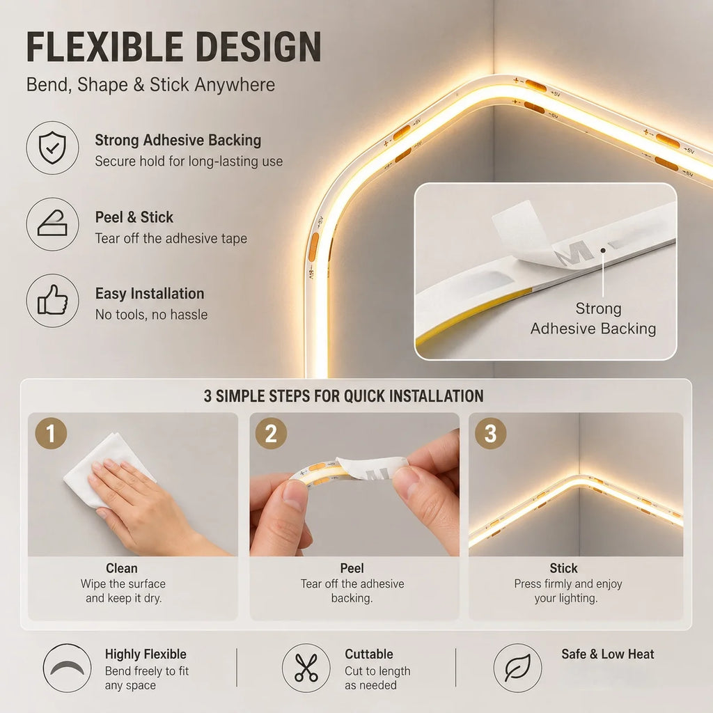 5V USB COB LED Strip Touch Dimmer High Density Dotless Flexible Linear Tape Self Adhesive Light For Mirror Cabinet DIY Decor Vue