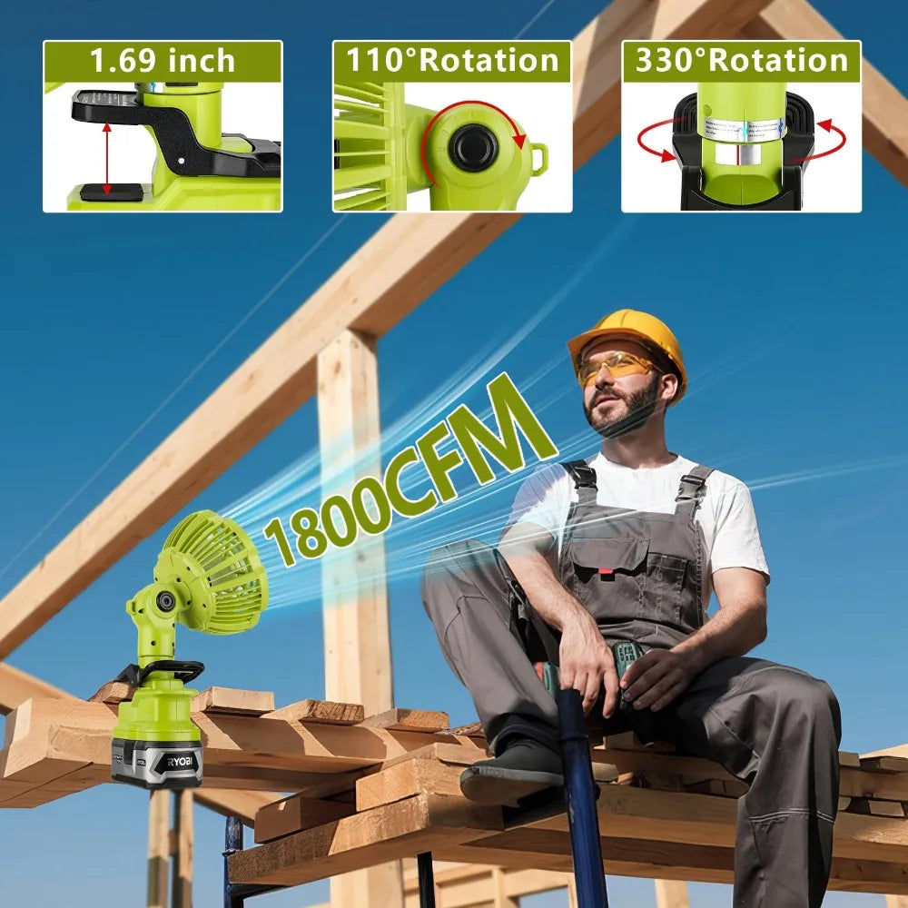 Portable Clip Fan Cordless Outdoor Camping Fan for Ryobi 18V Li-Ion Battery with USB Port for Camping,Workplace and Home Office Vue