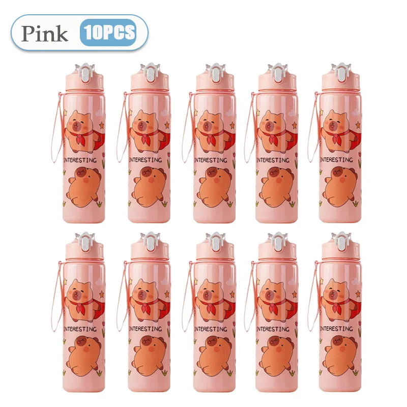 1-10PCS Cartoon Capybara Leak Proof Straw Cup with Braided Handle for Holiday Camping Picnic School Gift Portable Drinkware Vue 601-700ml Pink-10PCS