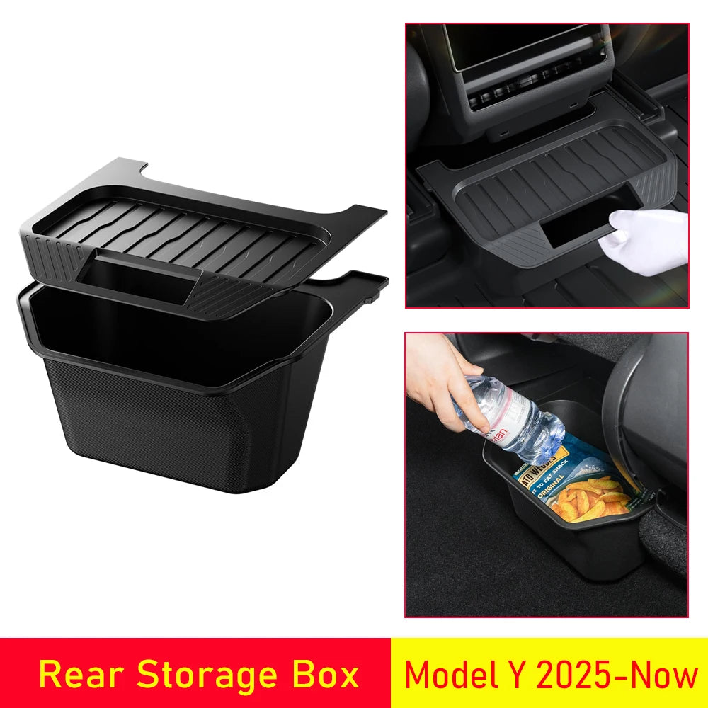 For Tesla Model Y Juniper 2025 2026 Trash Garbage Can Rear Center Console Organizer Under Seat Storage Box Kick Pads Accessories Vue
