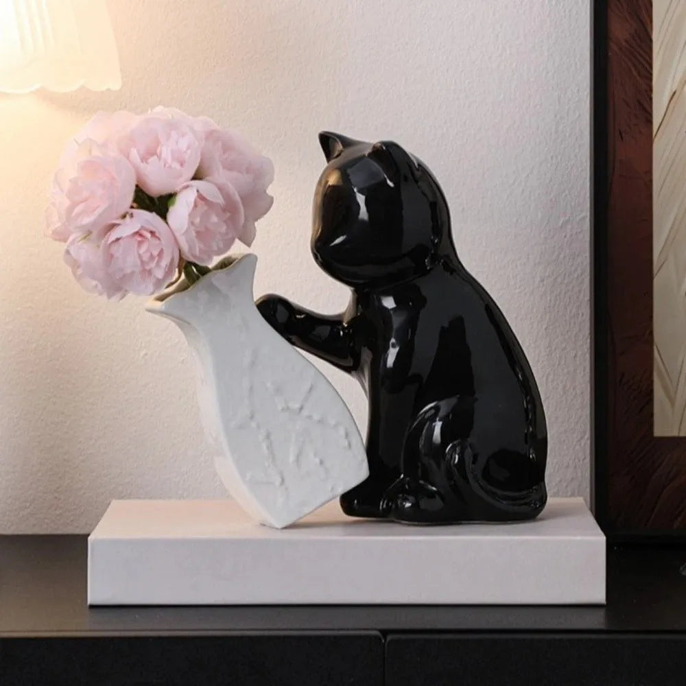 Artistic Ceramic Cat Pushing Vase Unique Handmade Kitten with Tilted Flower Vase Cat Statue Flower Holder Home Decor Vue