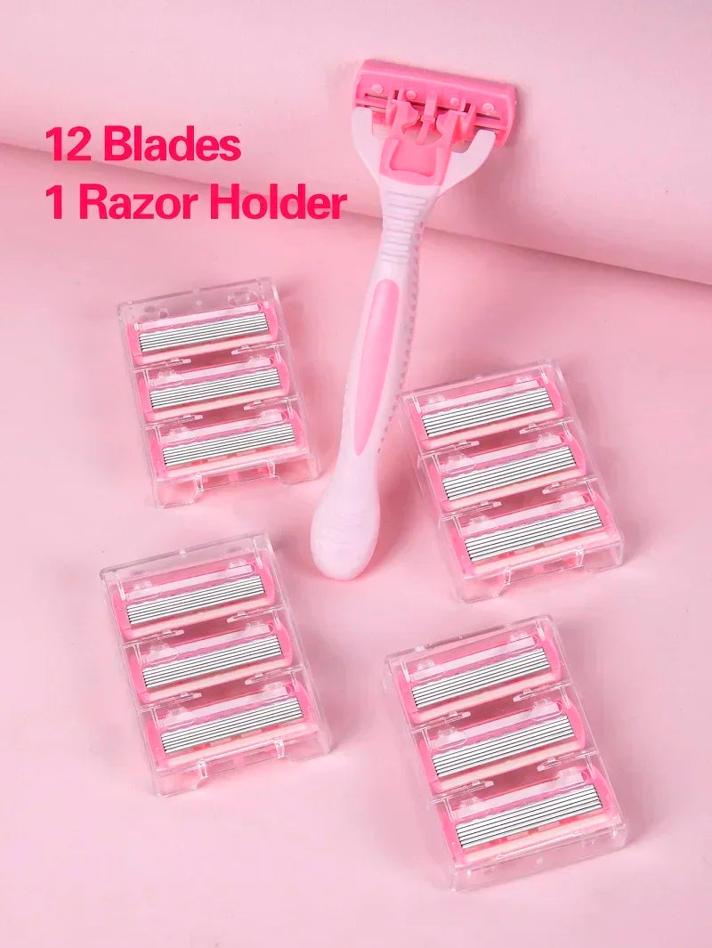 Safety Hair Removal Manual 1 Handle + 12 Blades Men Women razor 6-Layer Stainless Steel Shaving Replaceable Shaver Head Vue M393 pink 13pcs