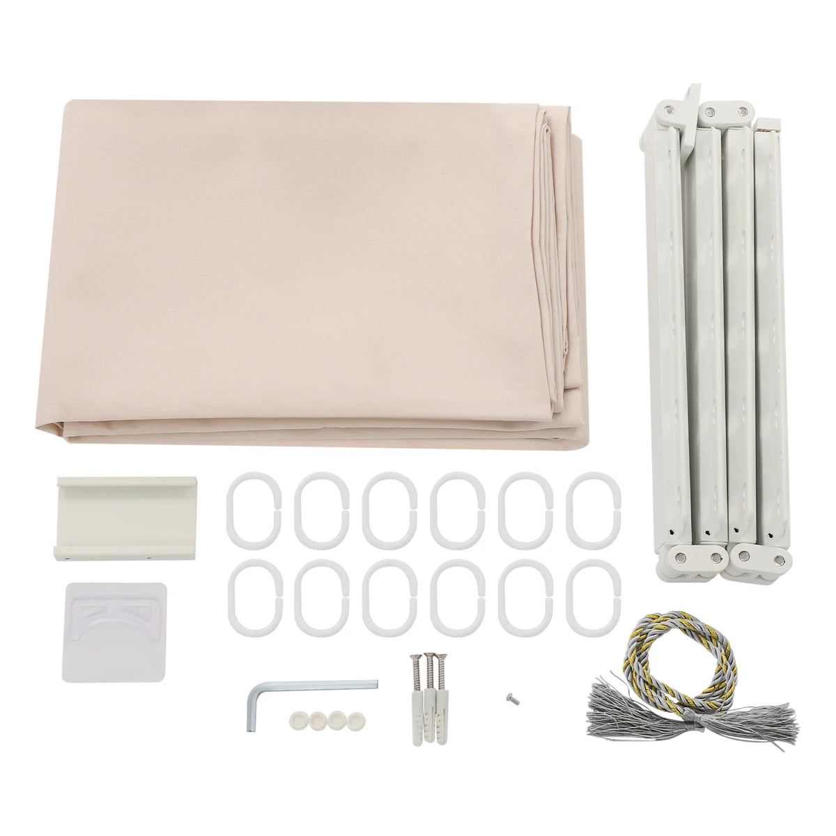 Folding Shower Curtain Set | 4-Section Rod, Drill-Free, Beige Shower Curtain Set Vue