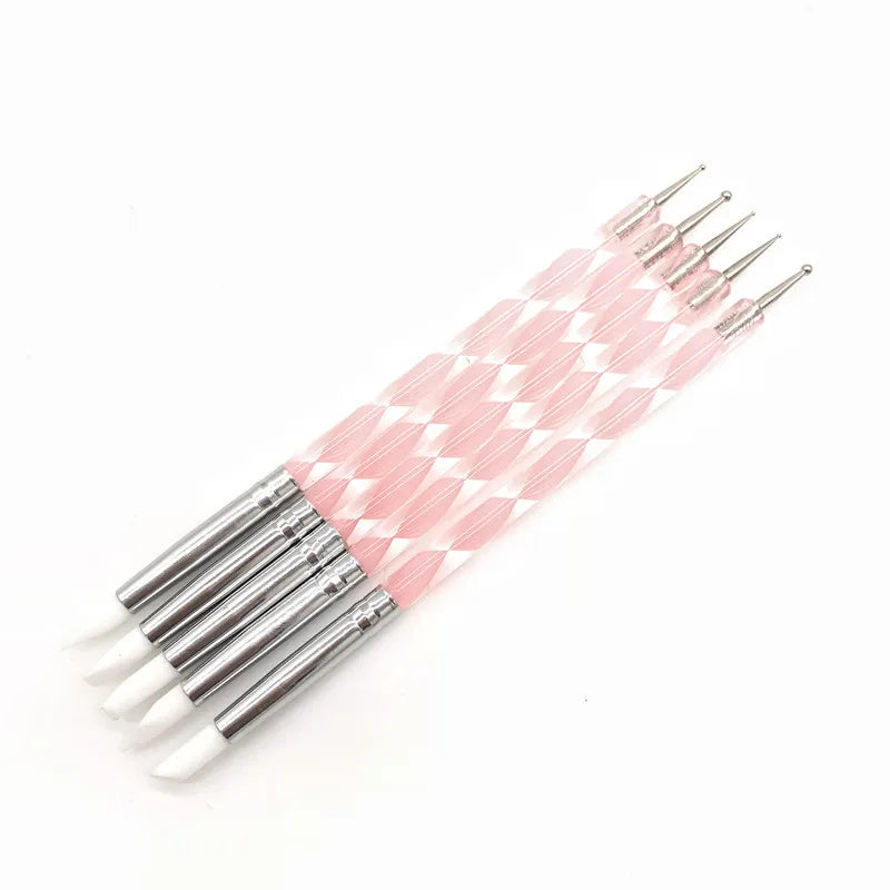 5Pcs 2 Way Nail Art Acrylic Silicone Point Flower Nail Pen Stainless Steel Dotting Tools Marbleizing Painting Pens Vue
