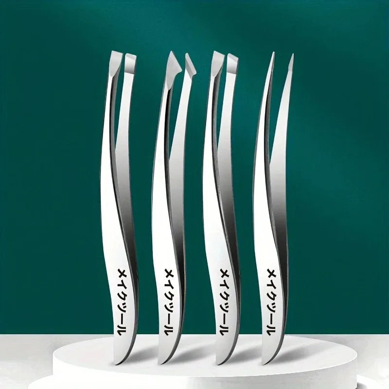 4pcs Japanese Banana Stainless Steel Precision Tweezers Set, Unscented, for Eyebrow, Eyelash, and Barbs Removal Vue