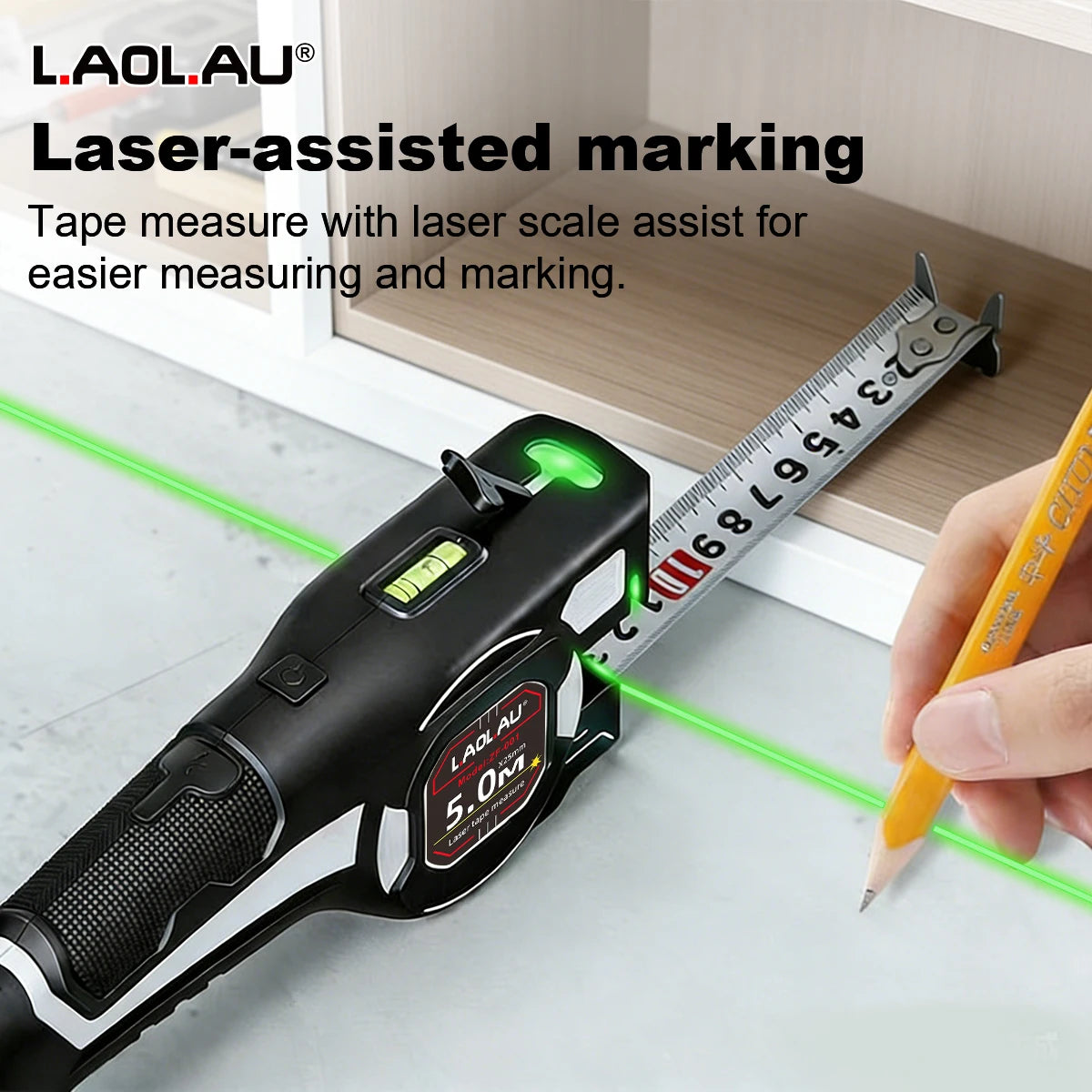 LAOLAU 2-in-1 Laser Tape Measure–5M/16FT Retractable Tape with Class II Laser, Rechargeable Battery,Type-C Charging,Auto-Lock Vue