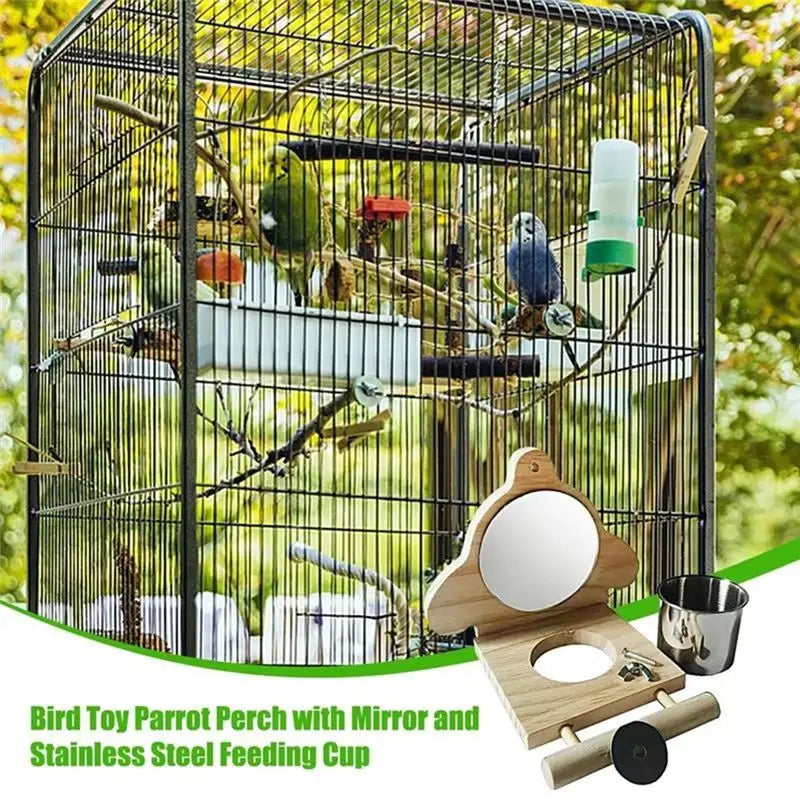 ABKW-Parrot Perch Wooden Parakeet Mirror Bird Parrot Perch With Mirror And Feeding Cups Cage Play For Lovebird Vue