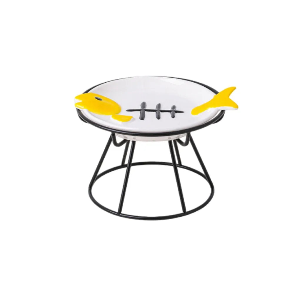 Cat Basin Ceramic Elevated Cat Bowl Fish Bones Anti-Vomiting Pet Food Water Bowl Anti Slip Cute Raised Pet Feeder Wet Dry Food Vue Yellow with Stand