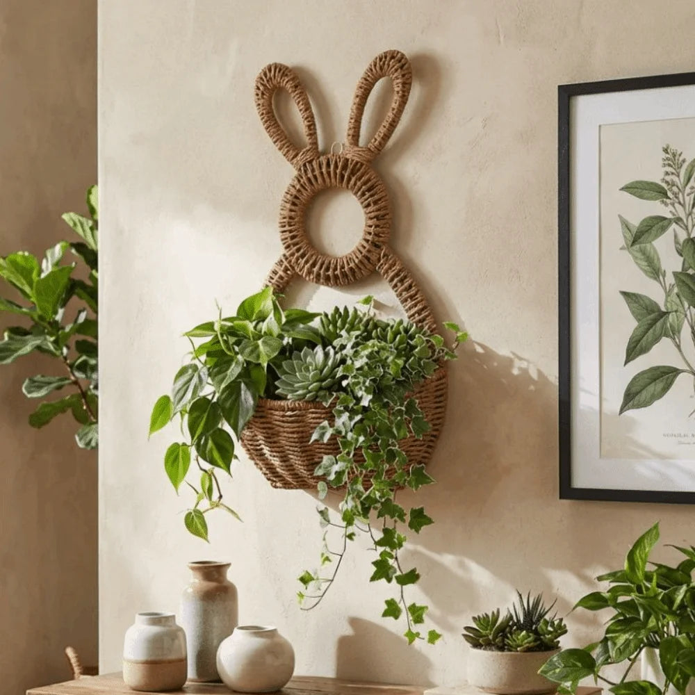 Hand Woven Easter Bunny Basket Natural Willow Handmade Easter Wall Pocket Gift Holder Cute Rabbit Plant Hanging Basket Vue
