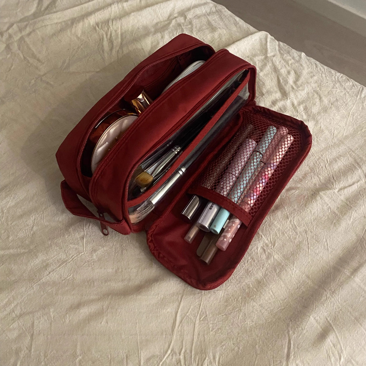 Double Layer Cosmetic Bag Nylon Travel Makeup Organizer Large Capacity Toiletry Bag Multifunction Pencil Case Brush Holder Vue