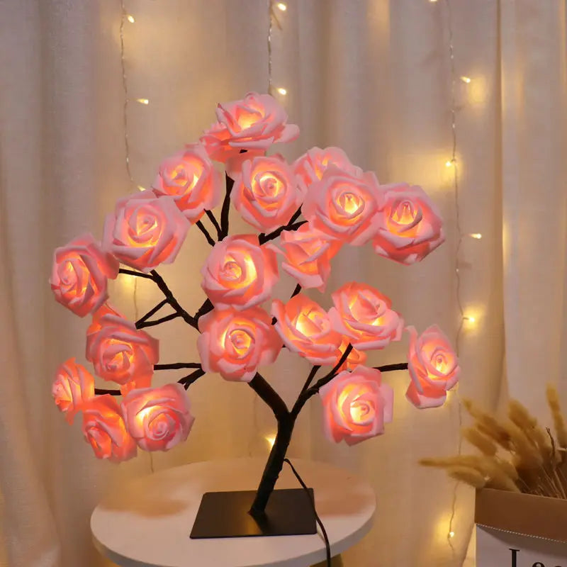 24 LED Red Rose Tree Lights Table Lamp Fairy Flower Night Light for Home Party Christmas Wedding Bedroom Decoration Gift Vue