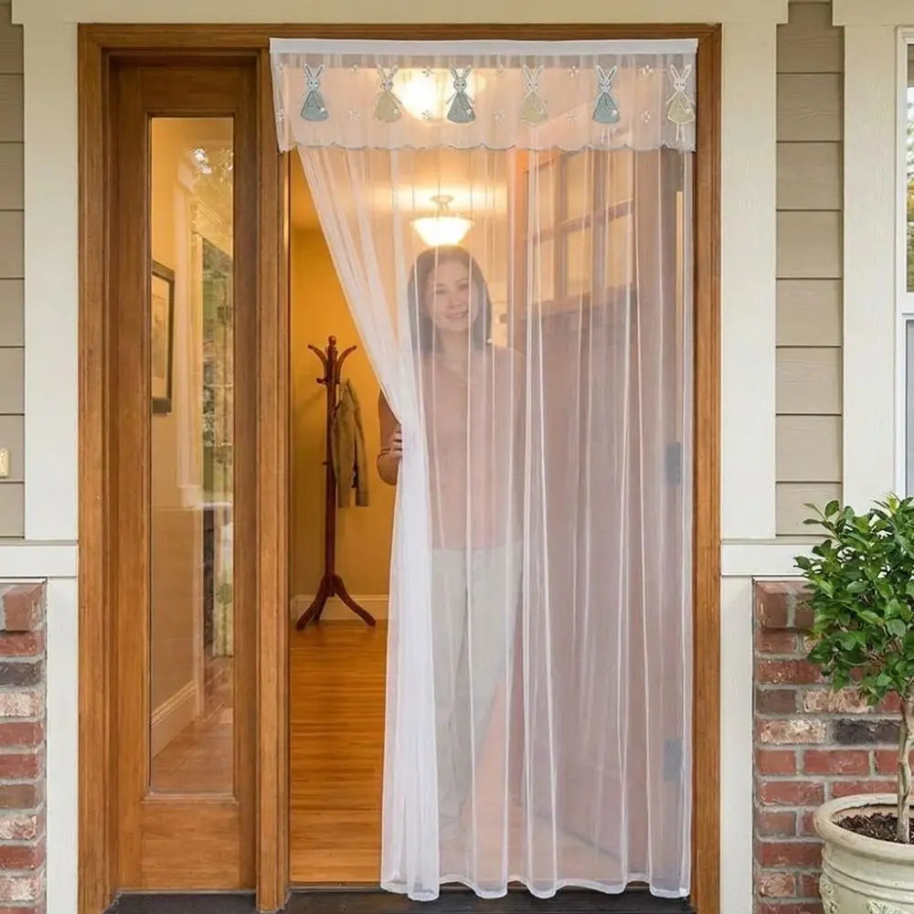Self-adhesive Mosquito Proof Door Curtain No Punching Cute Rabbit Lace Mesh Door Curtain Breathable Ventilation Vue
