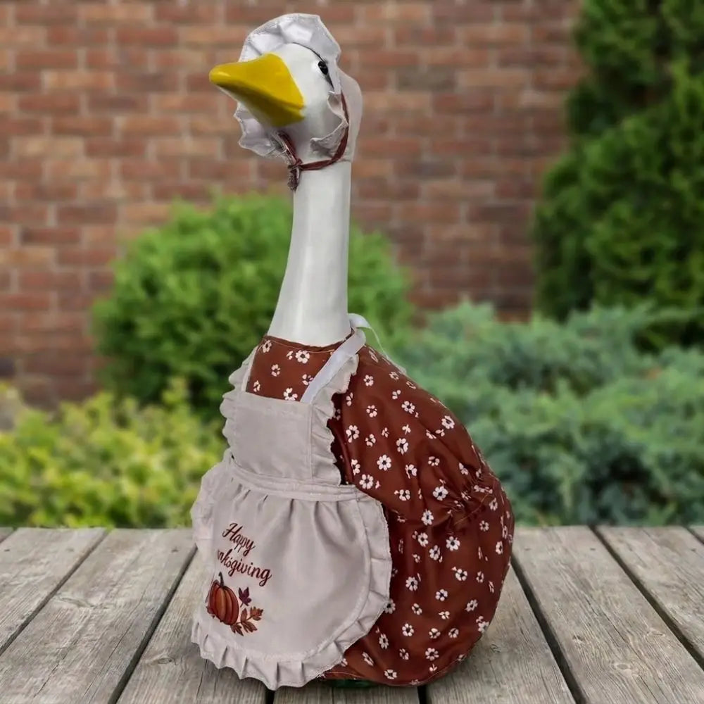 Pumpkin Print Thanksgiving Porch Goose Dress Outfit Maple Leaf Ruffled Hat Goose Hat Dress Set Harvest Theme Rustic Vue