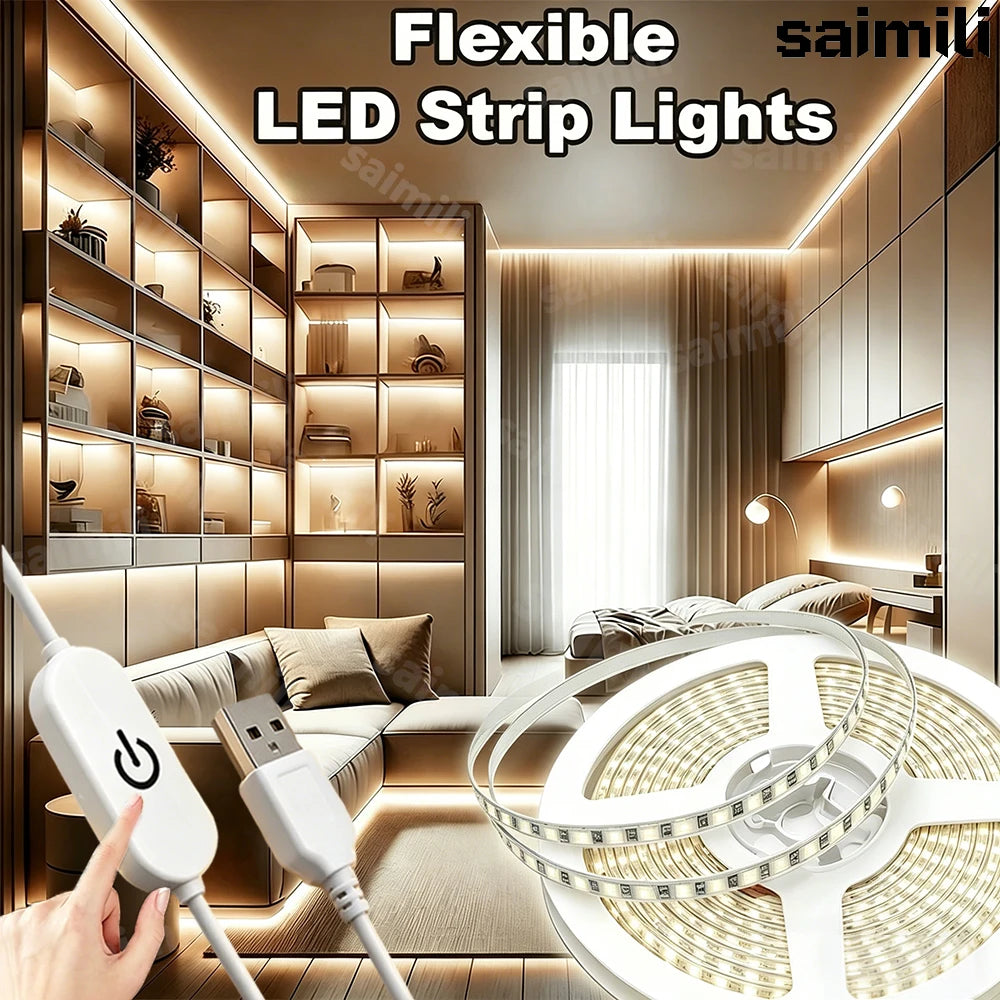 LED Lights Strip 2835 With Touch Dimmer Flexible Diode Tape 5V USB Powered For DIY Backlight Mirror Stair Cabinet Room Decor Vue