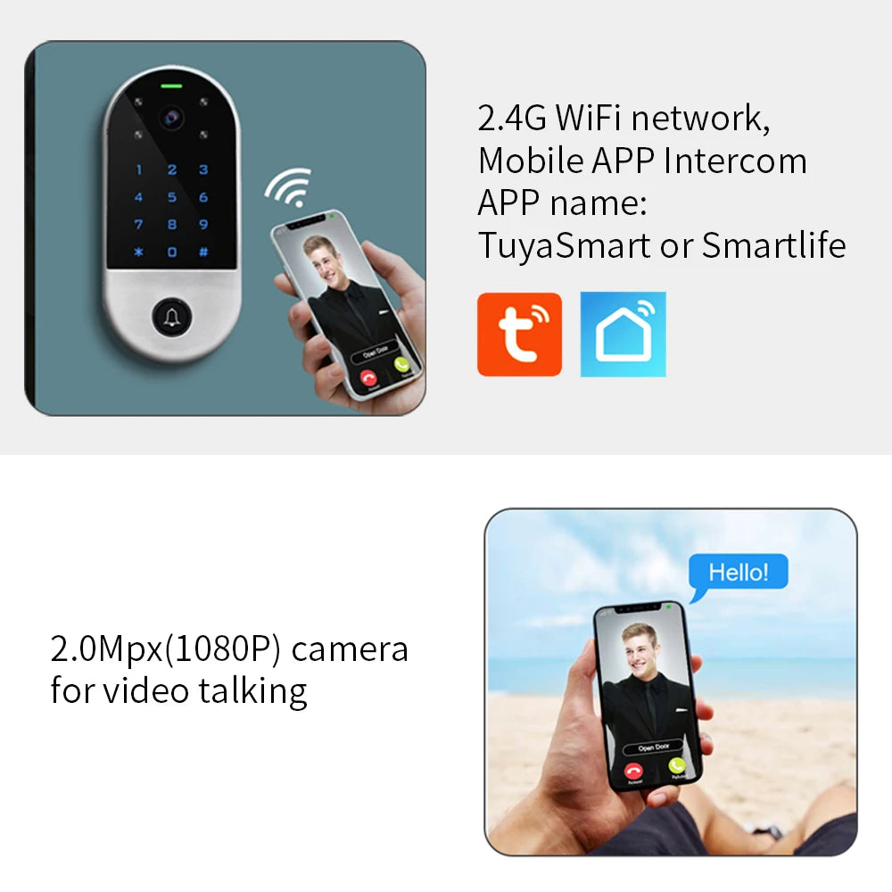 Tuya Smart Home Wifi Video Intercom Access Control Keypad RFID Electric Door Control System With Camera For Apartment Home+Cover Vue
